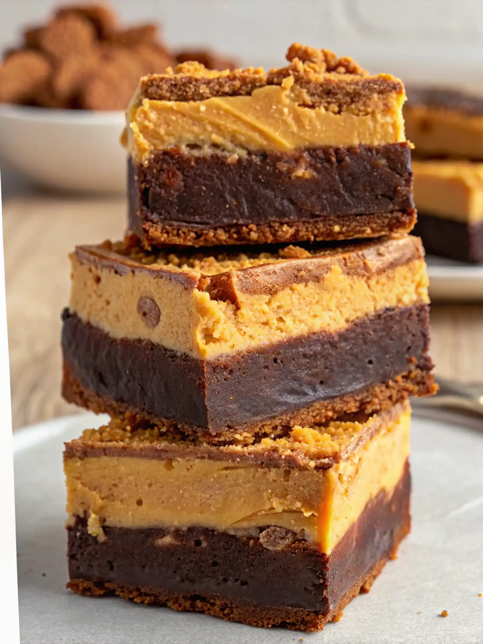 Sliced Biscoff Cheesecake Brownies stored in fridge