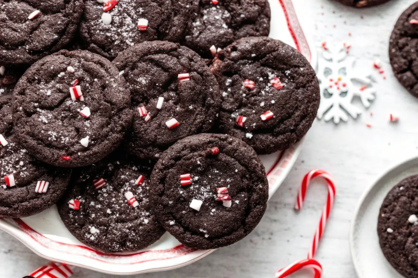 Delicious double chocolate peppermint cookies on a plate with crushed candy canes.