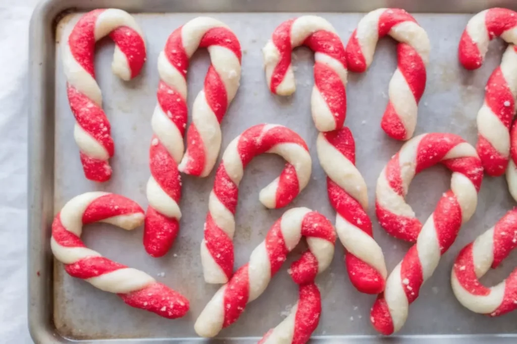 Perfectly twisted Candy Cane Cookies with sparkling sugar