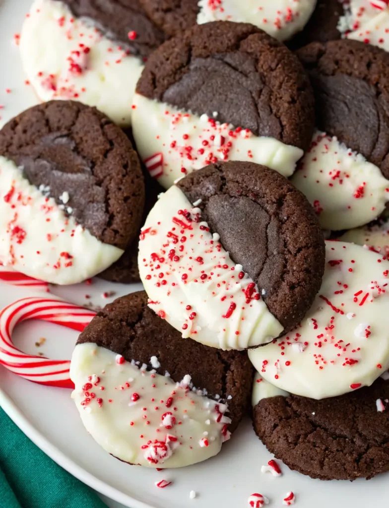White Chocolate Dipped Peppermint Chocolate Cookies