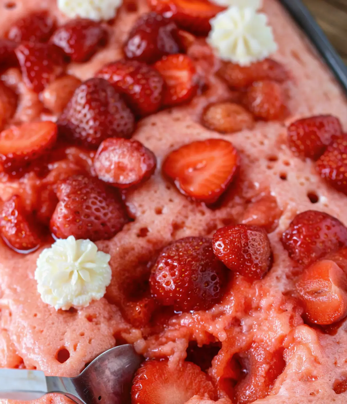 Strawberry Poke Cake with Sweetened Condensed Milk & Whipped Cream