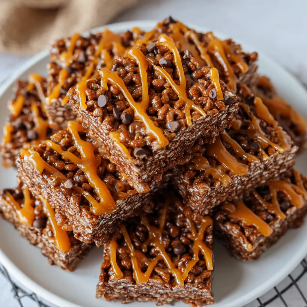 Chocolate Churro Rice Krispie Treats with Caramel Drizzle