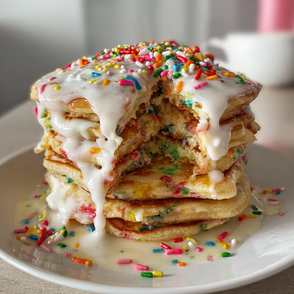 Fluffy Vegan Funfetti Birthday Pancakes with Cream Cheese Glaze