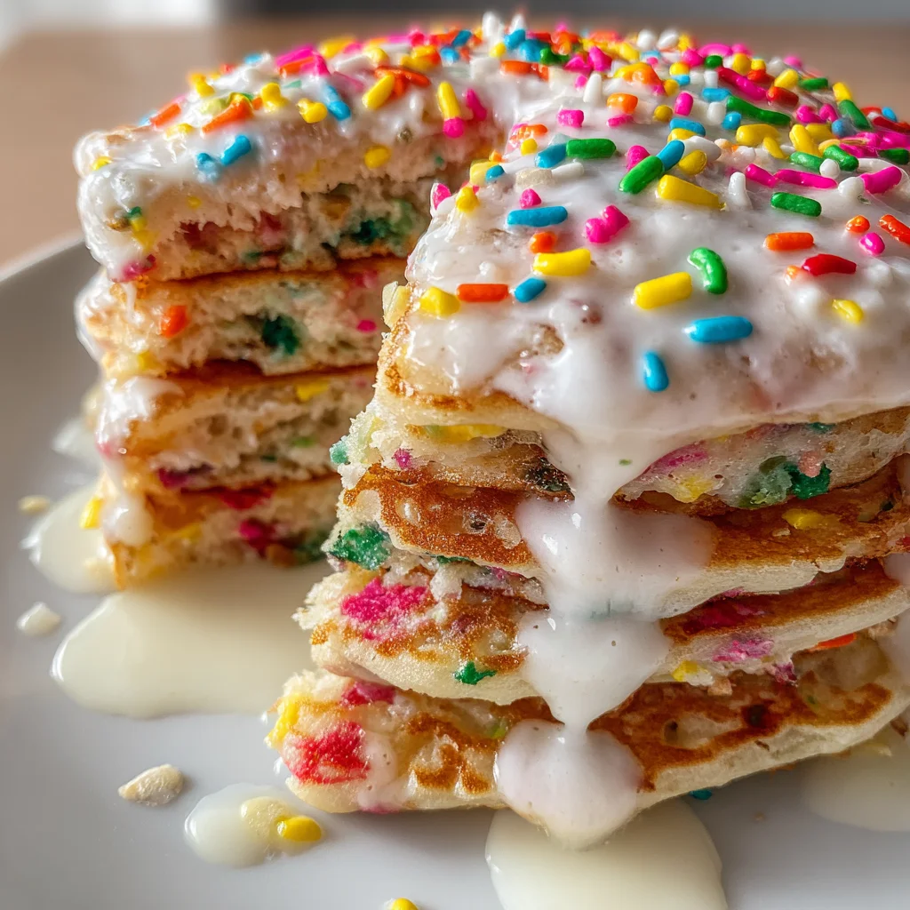 Fluffy Vegan Funfetti Birthday Pancakes with Cream Cheese Glaze