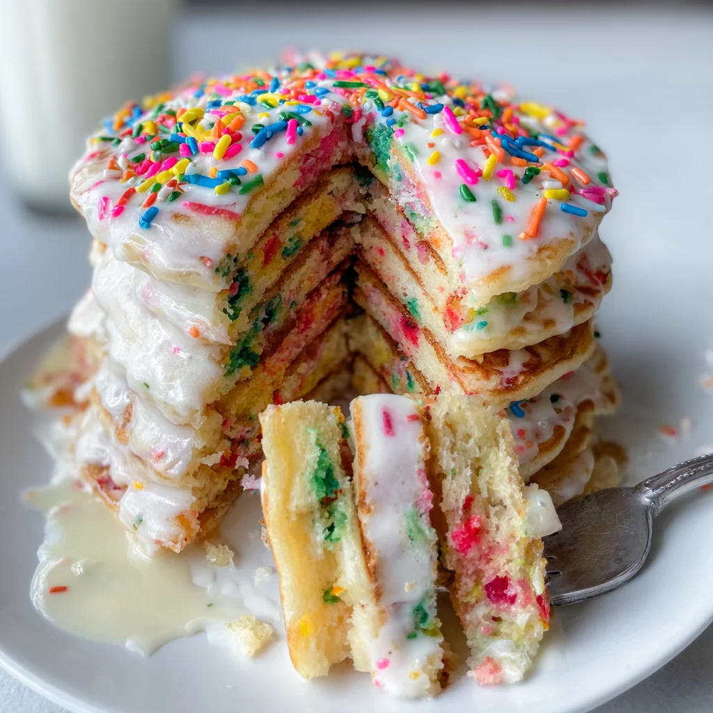 Fluffy Vegan Funfetti Birthday Pancakes with Cream Cheese Glaze