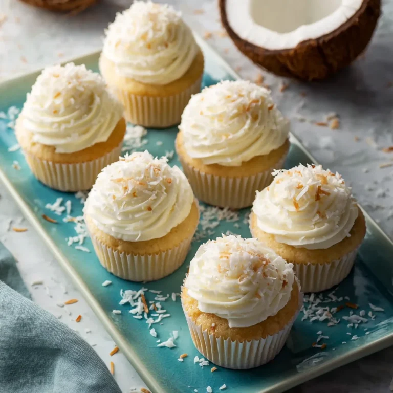 Moist Coconut Cupcakes with Rich Cream Cheese Frosting