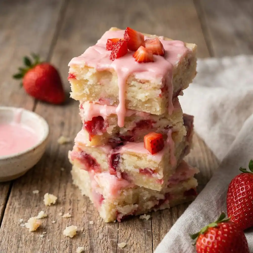 Chewy Strawberry Lemon Blondies with Fresh Strawberry Glaze