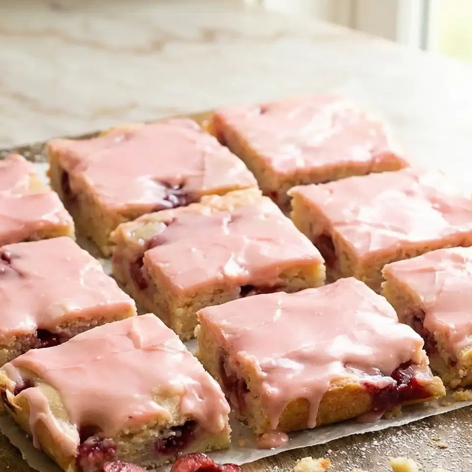 Chewy Strawberry Lemon Blondies with Fresh Strawberry Glaze